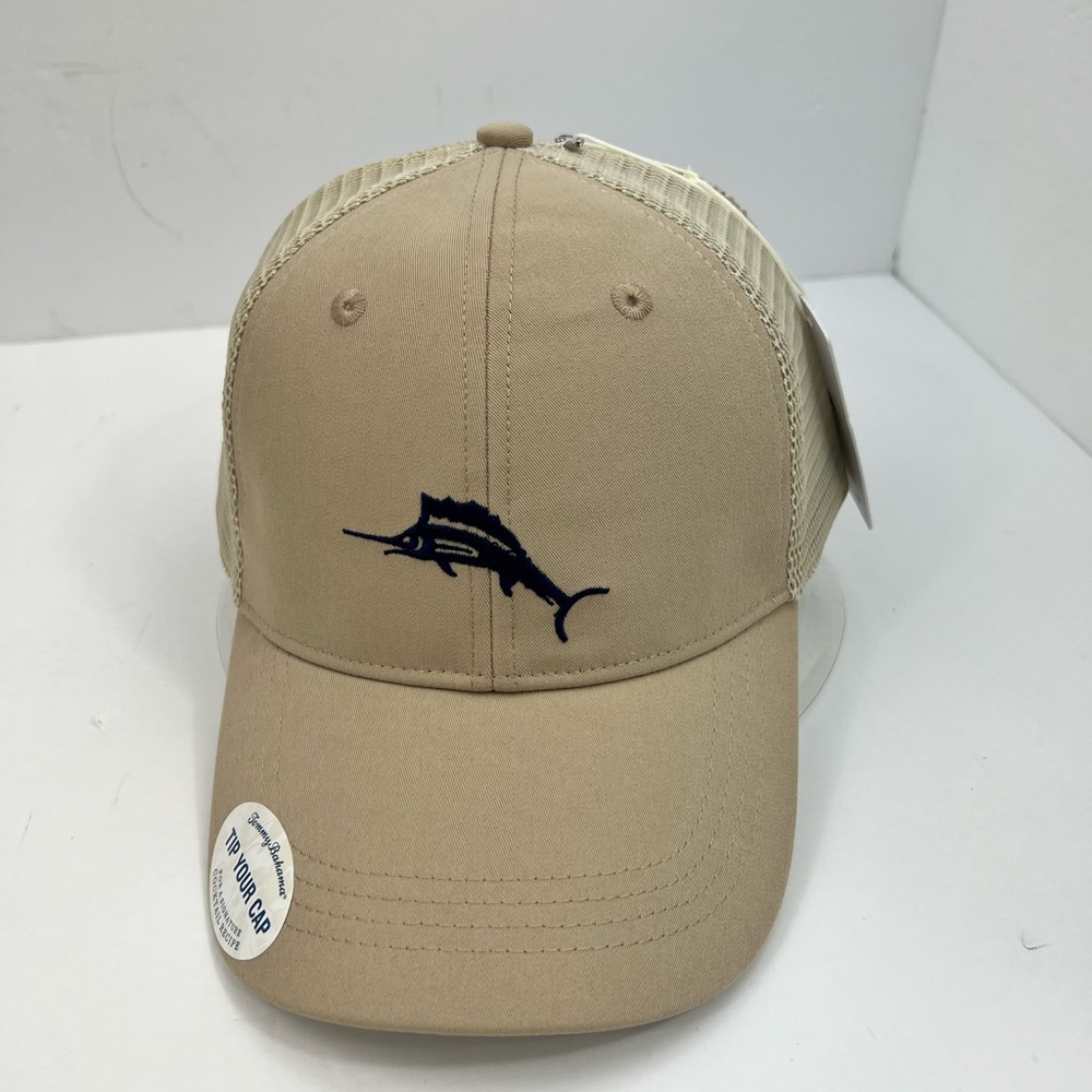 TOMMY BAHAMA CAP HAT, FRONT IS CAMEL/TAN WITH NAVY LOGO, TAN MESH, DRINK RECIPE